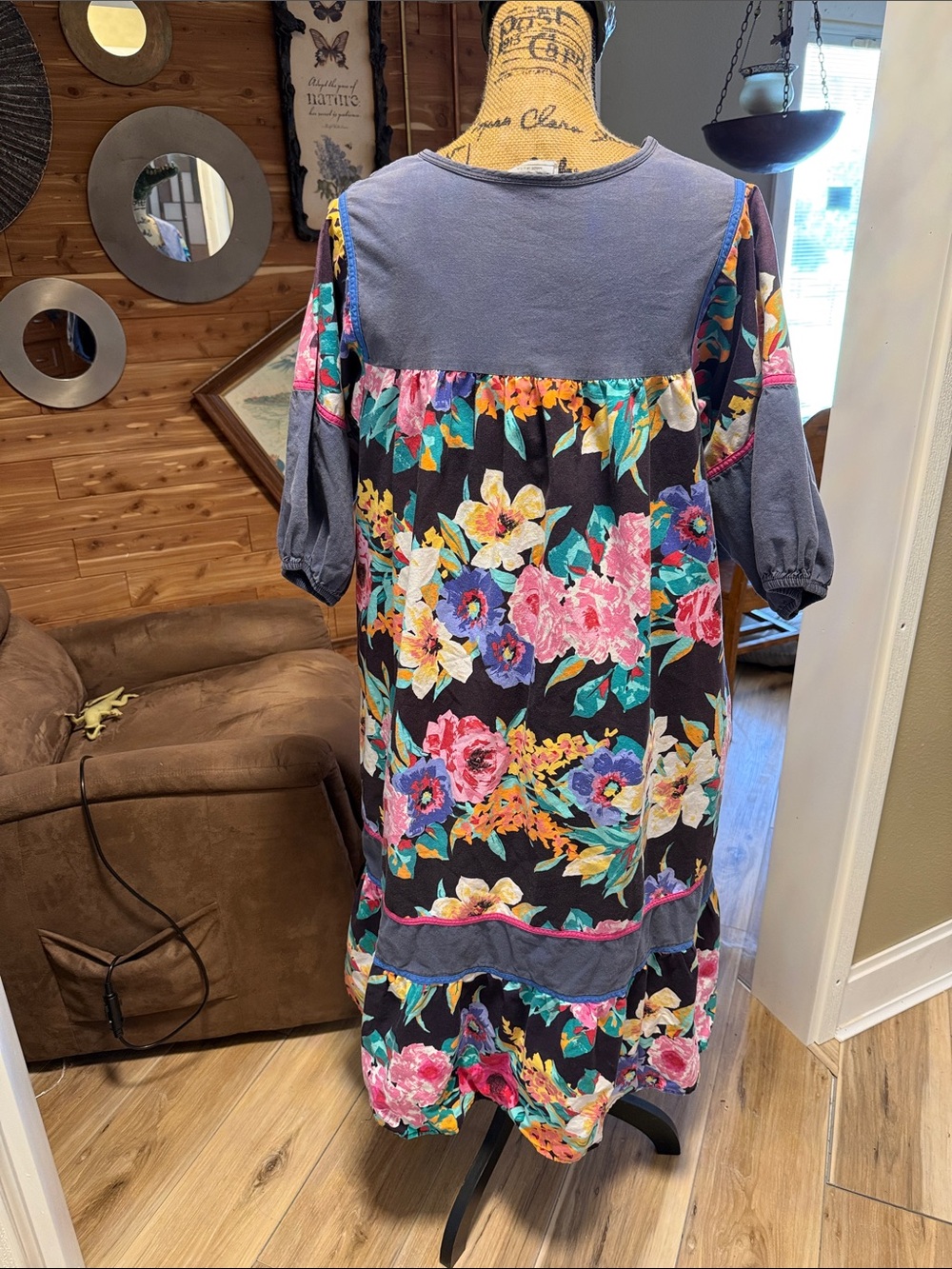 Black Floral Puff Sleeve Smock Dress with Gray Yoke - Picture 2 of 3
